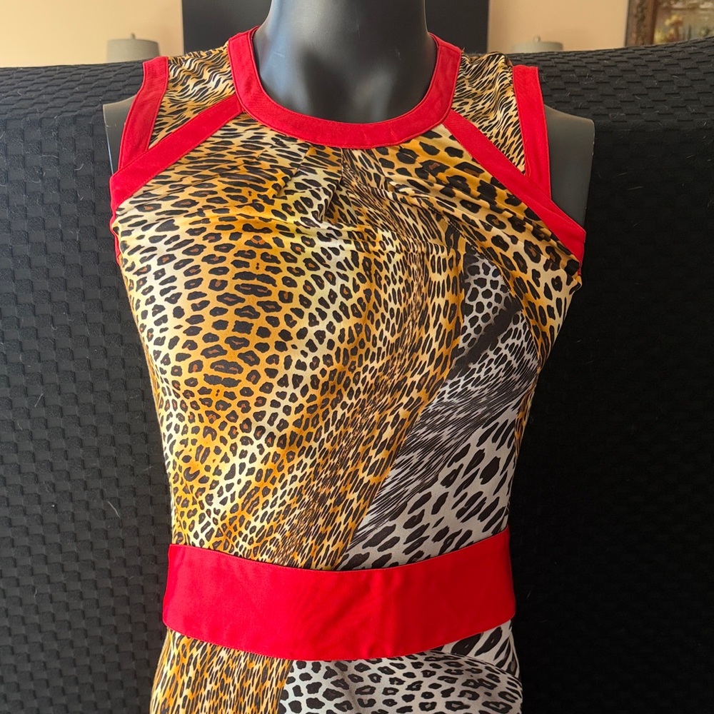 Etcetera silk blend Animal Print Dress with Red Trim /Belt - Picture 5 of 6